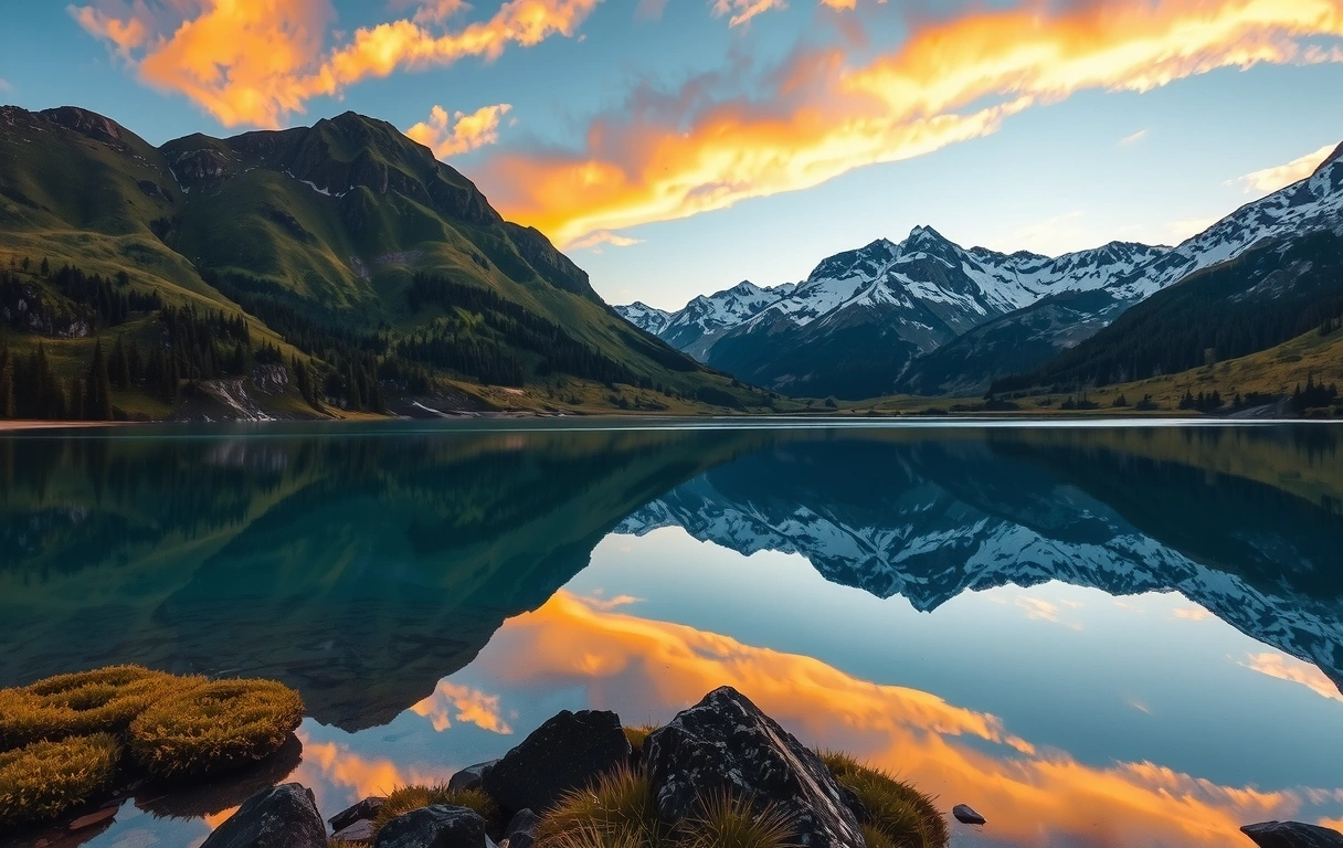 A serene landscape with lush green mountains, a clear blue lake, and a vibrant sunset, symbolizing nature's purity and inspiration for Bioellea.