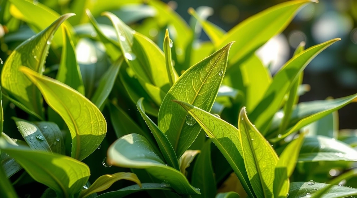 A close-up of fresh, vibrant green tea leaves being harvested, symbolizing natural ingredients.