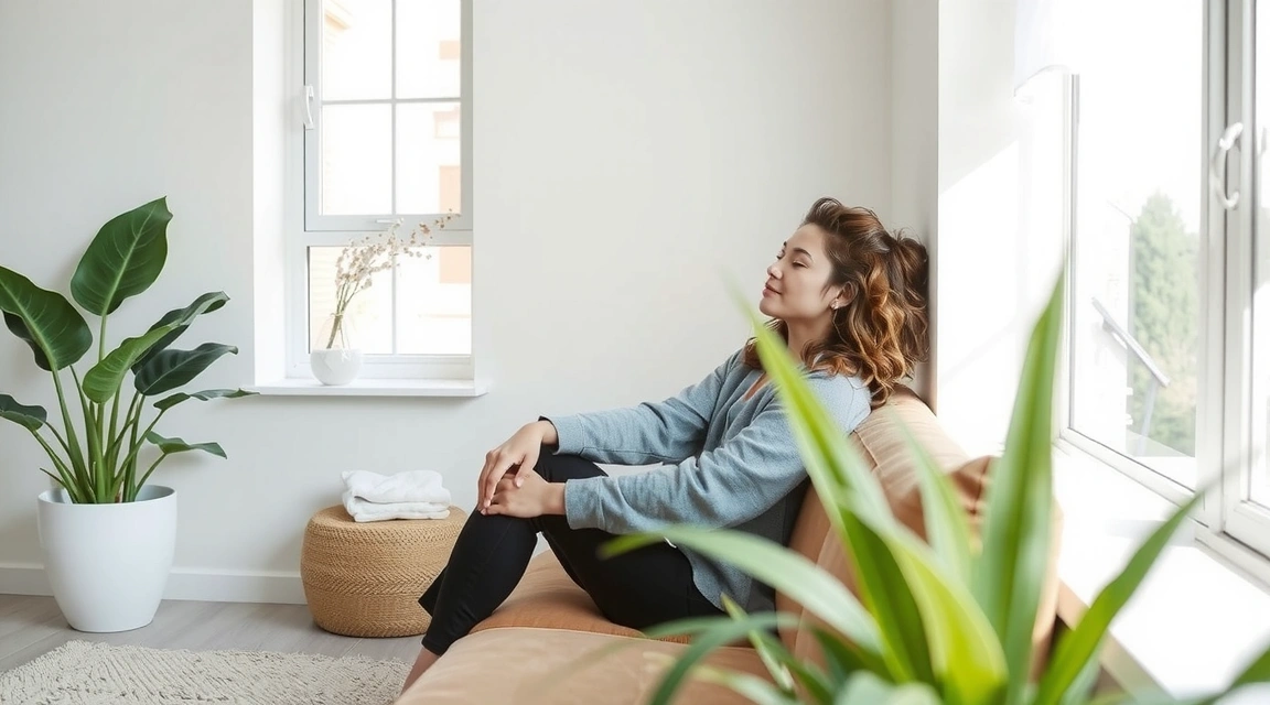A person enjoying a peaceful moment in a minimalist, eco-friendly home, surrounded by natural light and plants.