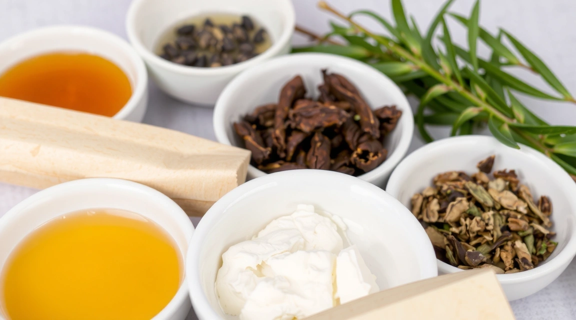 Close-up of a diverse range of natural skincare ingredients in small bowls, such as shea butter, essential oils, and dried herbs.